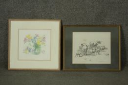 A framed and glazed engraving of a vase of flowers, signed Valerie Christmas along with an engraving