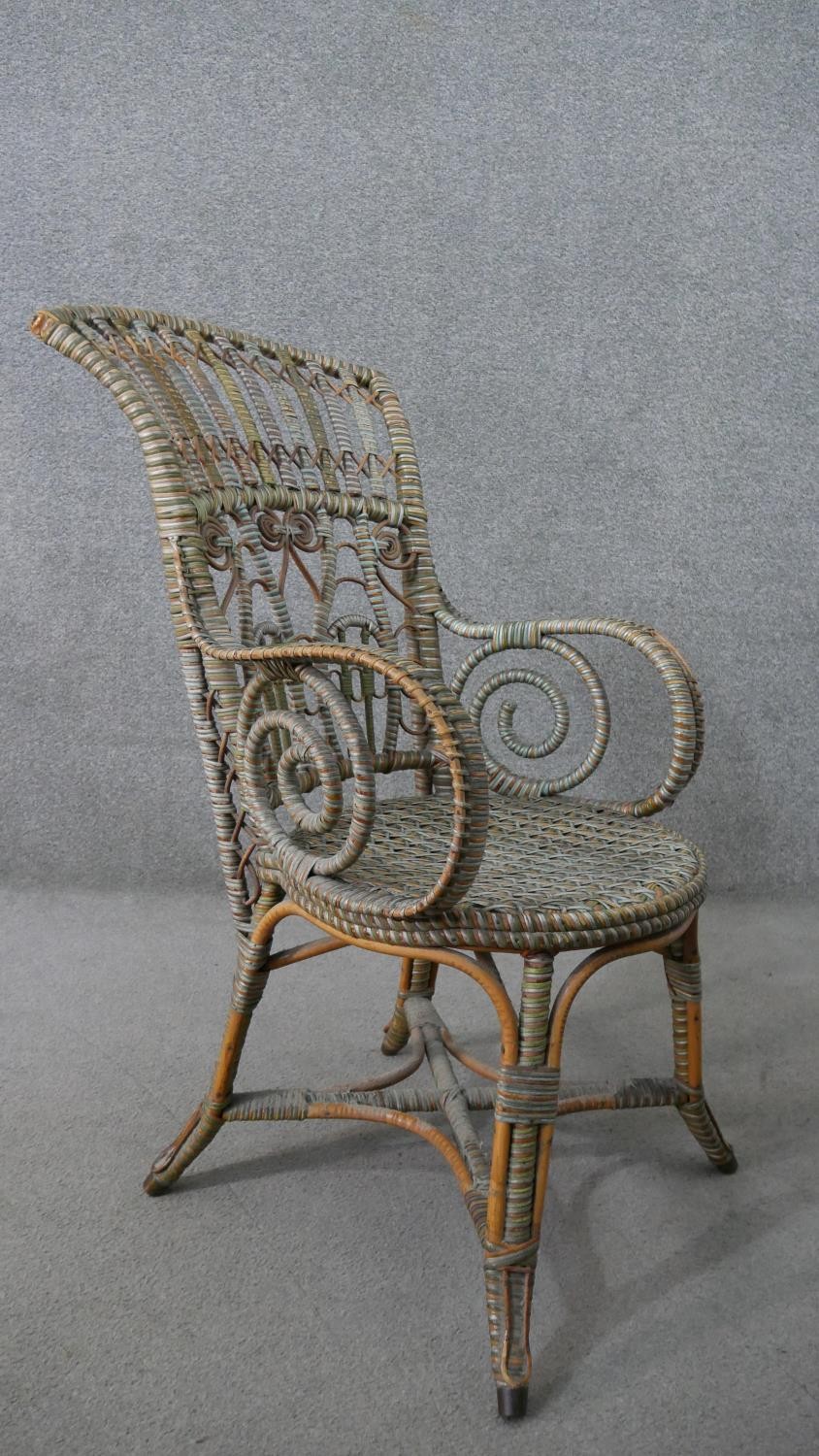 A wicker open arm conservatory chair, the back with cross and spiral detail, the arms with scrolling - Image 6 of 6