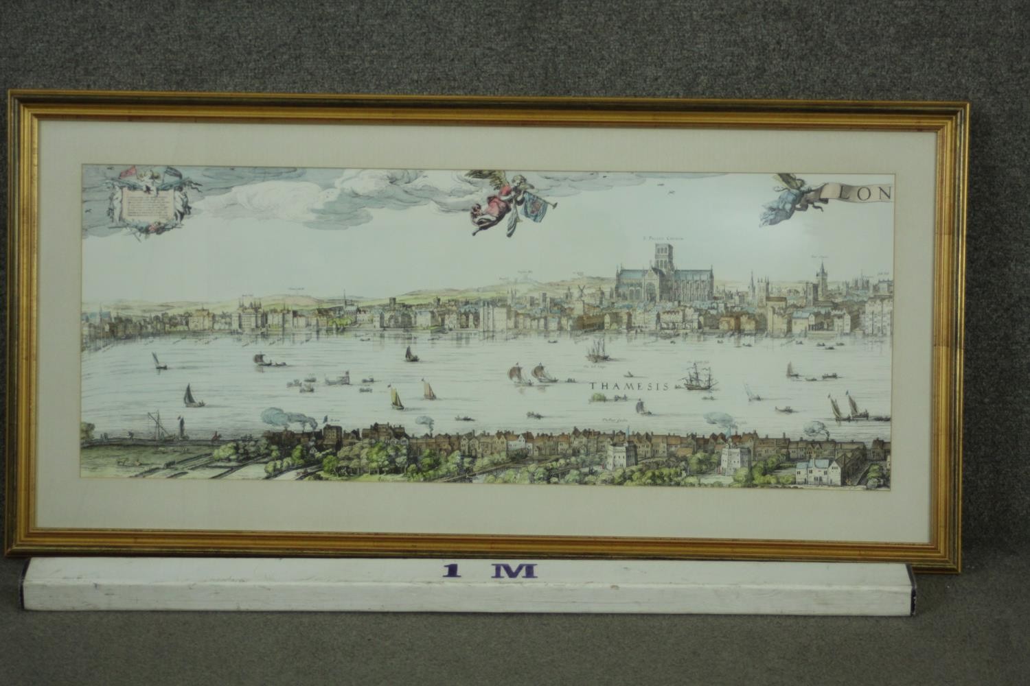 A large framed and glazed hand coloured engraving of a scene of the Thames with various places - Image 2 of 7