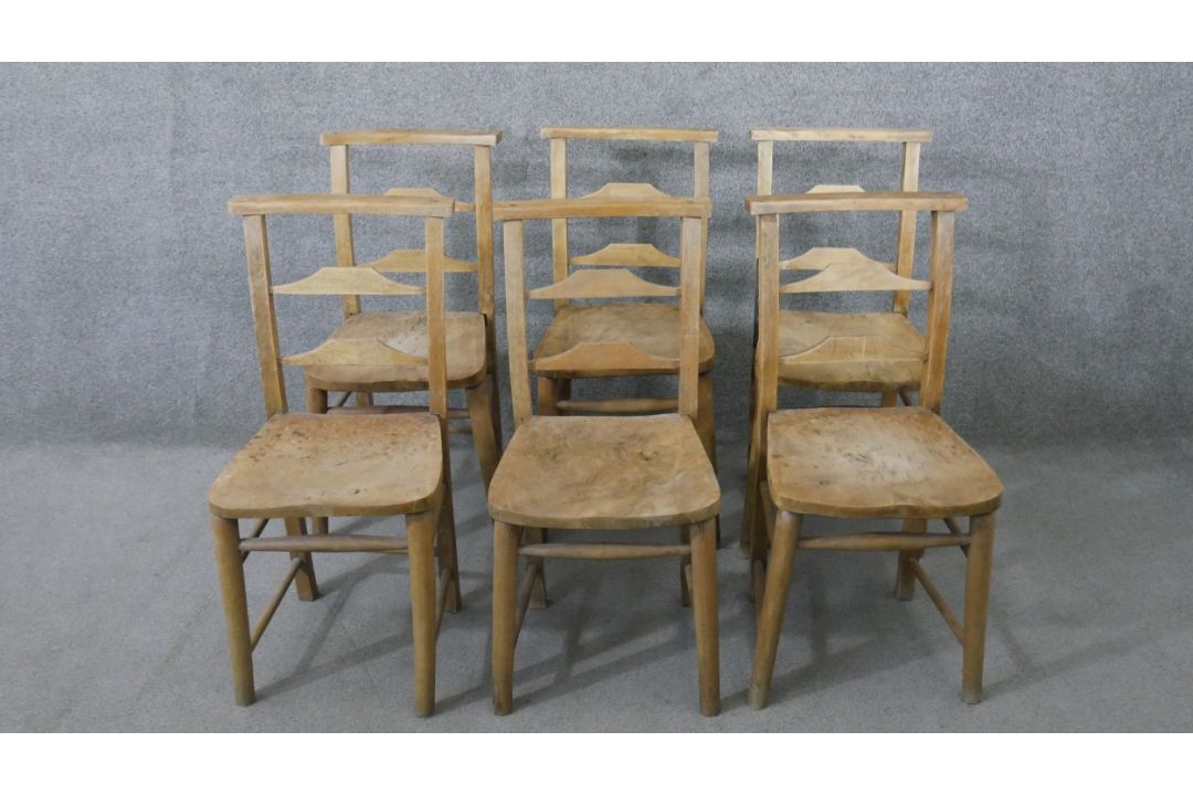 A set of six 19th century rustic pine kitchen chairs, with ladder back, over an elm seat, the legs - Image 1 of 6
