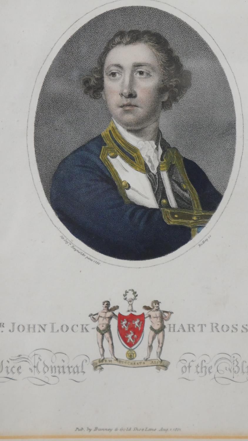 Four framed and glazed 19th century hand coloured engraved portraits of naval officers, each with - Image 7 of 7