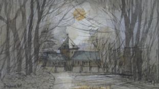 A framed and glazed watercolour of a building in the woods, signed Humes. H.27 W.31cm