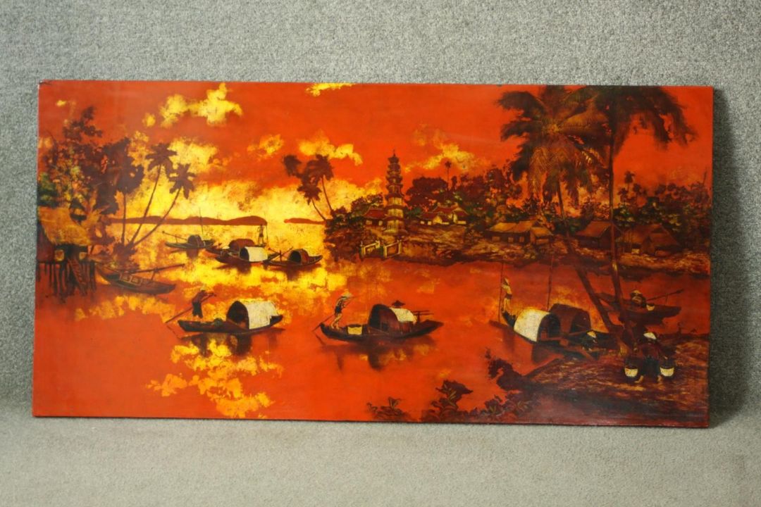 Oil on board, Asian fishermen with boats and pagoda in background at sunset, indistinctly signed. - Image 1 of 5