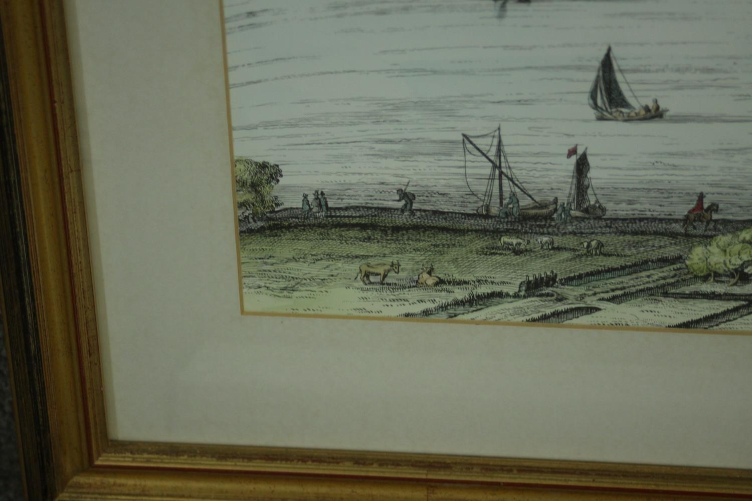 A large framed and glazed hand coloured engraving of a scene of the Thames with various places - Image 5 of 7