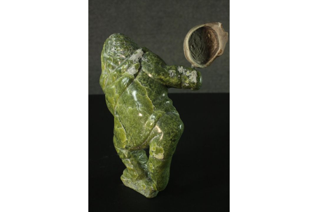 Aisa Amittu, Inuit, 1951, a carved green soapstone and granite drum dancer sculpture, with bone - Image 7 of 9