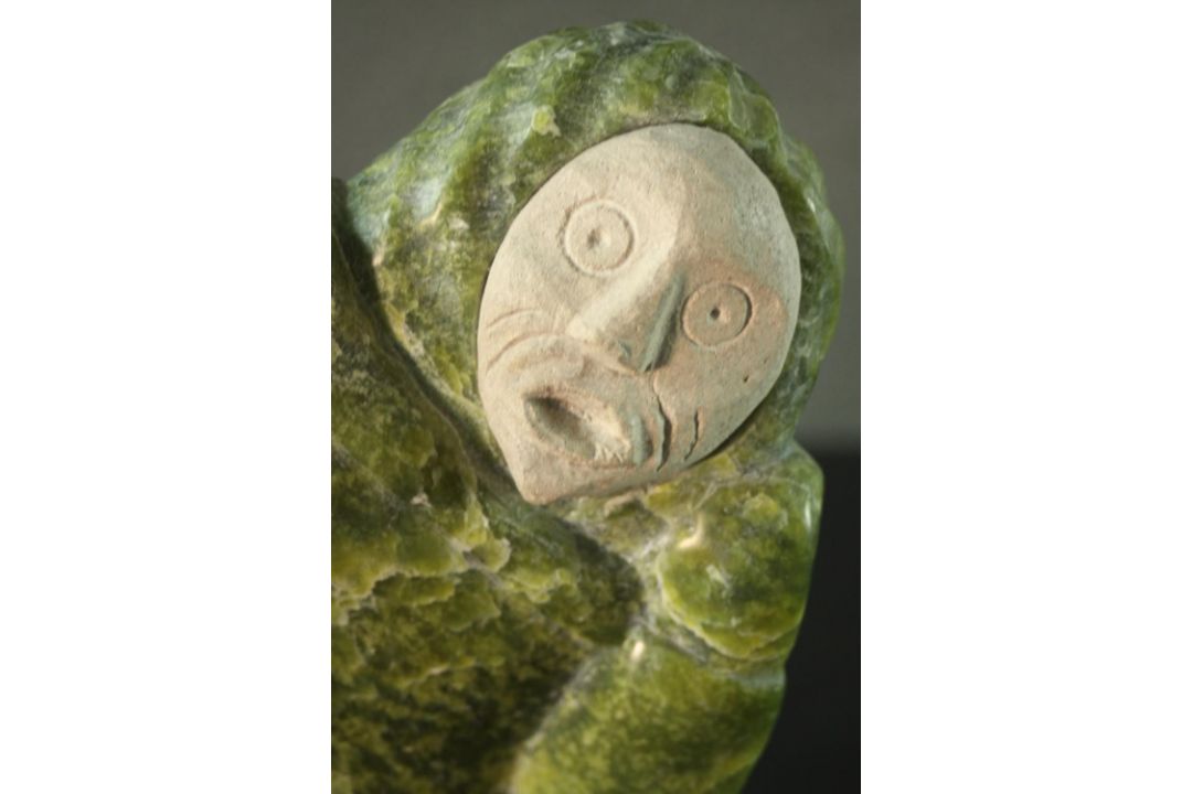 Aisa Amittu, Inuit, 1951, a carved green soapstone and granite drum dancer sculpture, with bone - Image 3 of 9