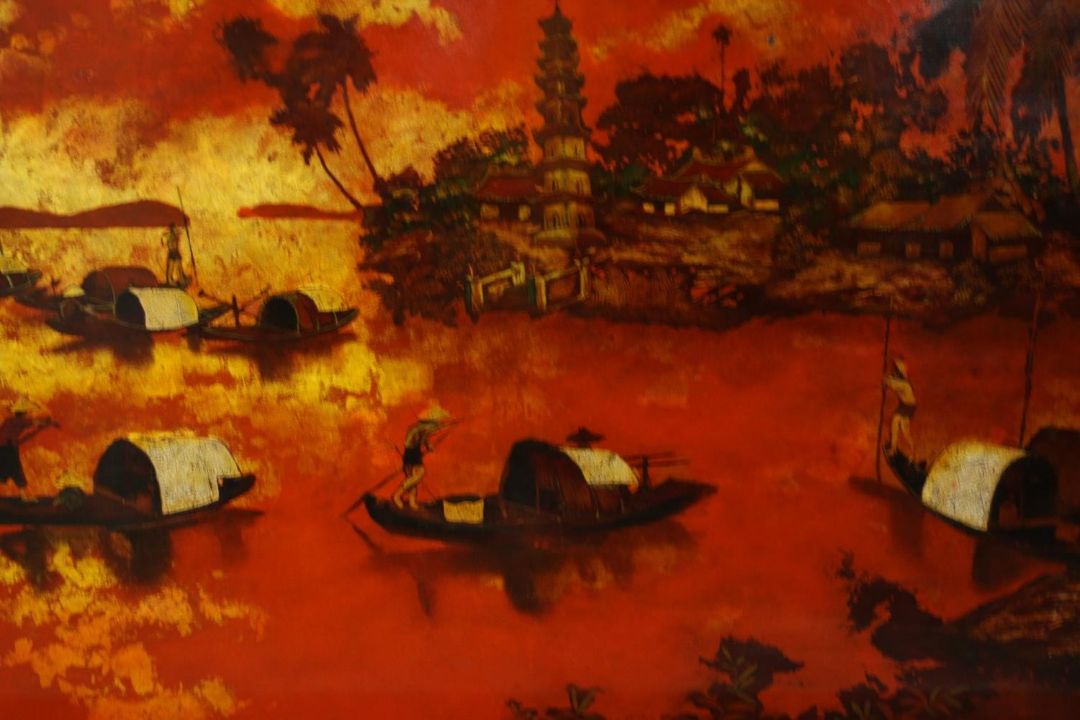 Oil on board, Asian fishermen with boats and pagoda in background at sunset, indistinctly signed. - Image 3 of 5