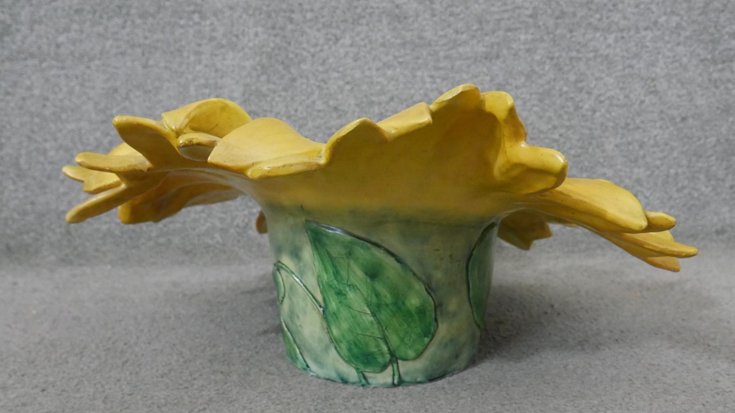 Delphin Massier-A large 19th century French Art Nouveau hand painted majolica sunflower planter, - Image 3 of 11