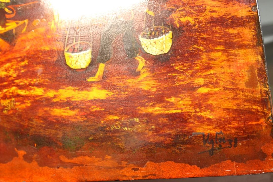 Oil on board, Asian fishermen with boats and pagoda in background at sunset, indistinctly signed. - Image 5 of 5