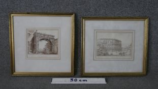 Two framed and glazed 19th century pen and watercolour studies of classical monuments in Rome.