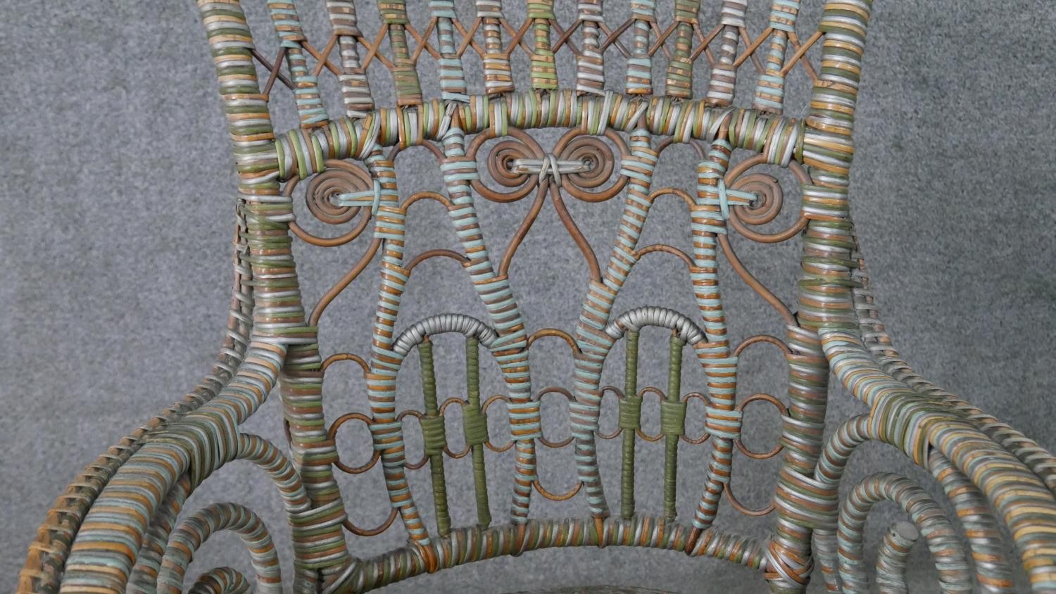 A wicker open arm conservatory chair, the back with cross and spiral detail, the arms with scrolling - Image 5 of 6