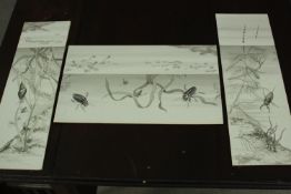Phil Weare (Contemporary British), 'Water Beetles in a Lily Pond', three naturalistic monochrome