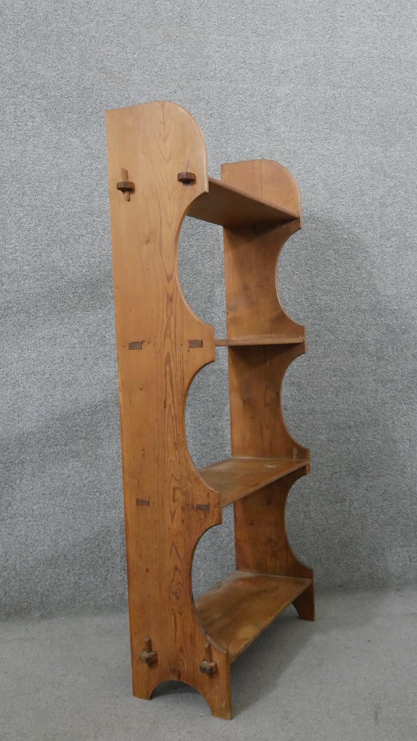 A set of pine open bookshelves, the four shelves joined to the shaped side with pegs. H.121 W.60 D. - Image 3 of 5