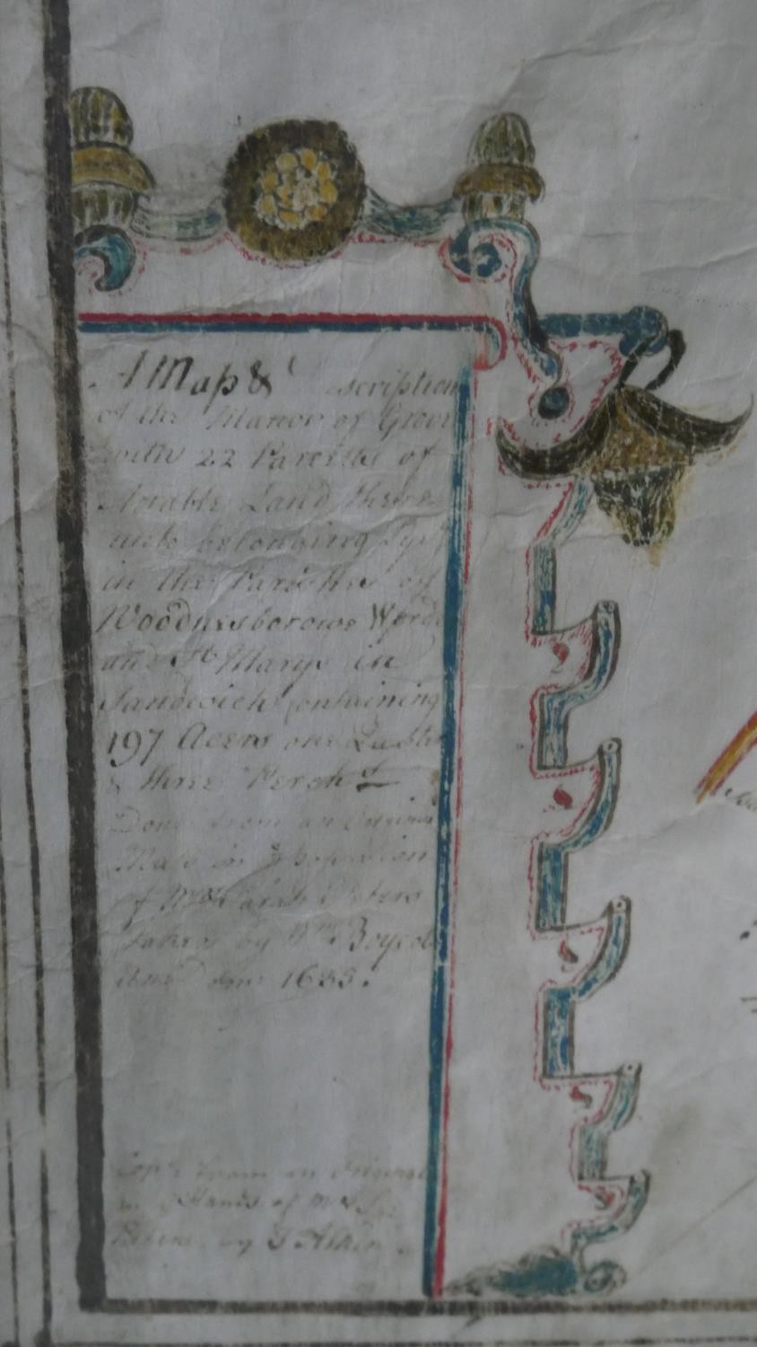 A framed and glazed 17th century hand drawn map showing the land owned by the Manor of Grove, with - Image 5 of 6