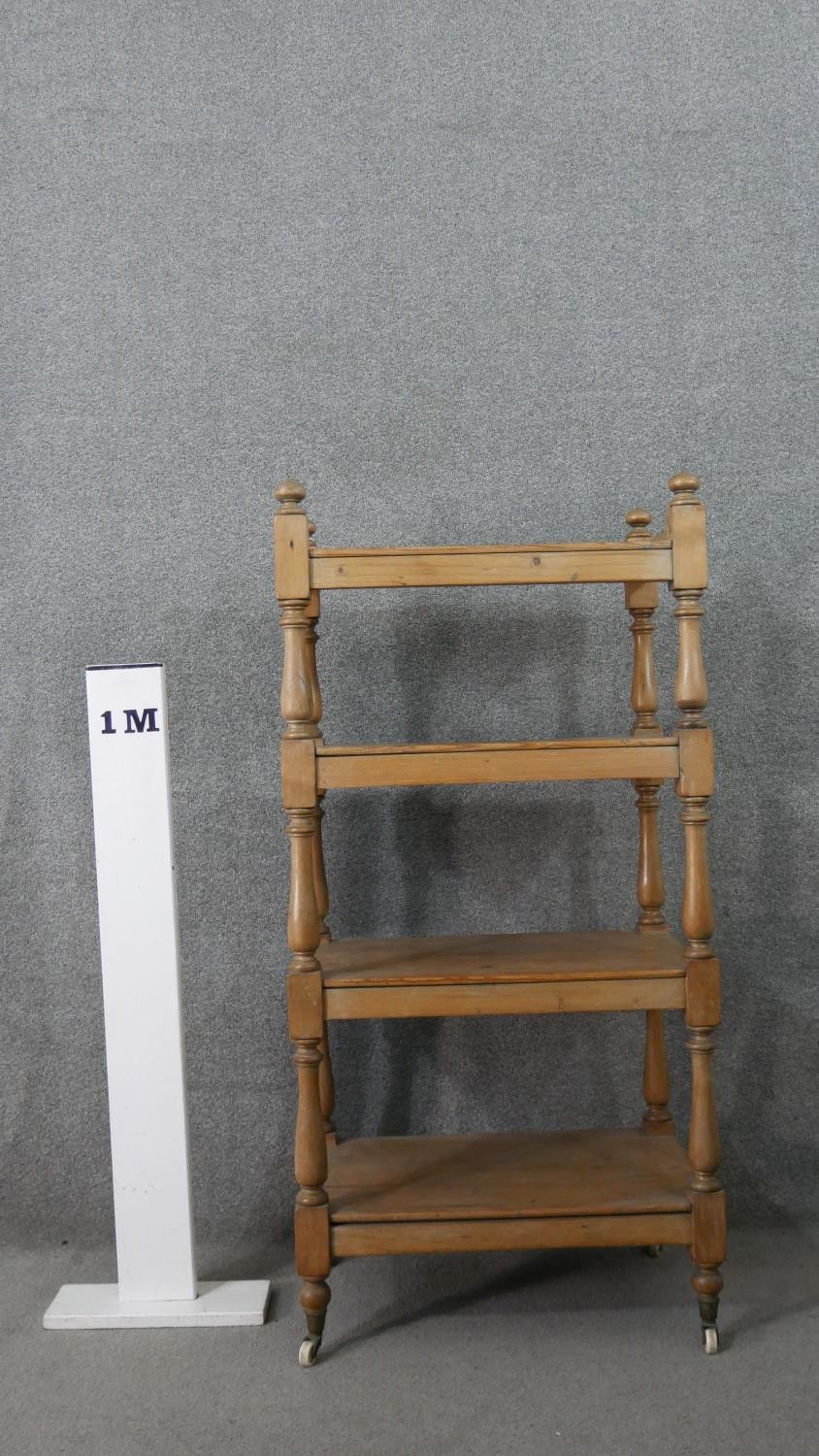 A Victorian pine whatnot, with four shelves joned by baluster turned stems. H.125 W.59 D.38cm - Image 2 of 6