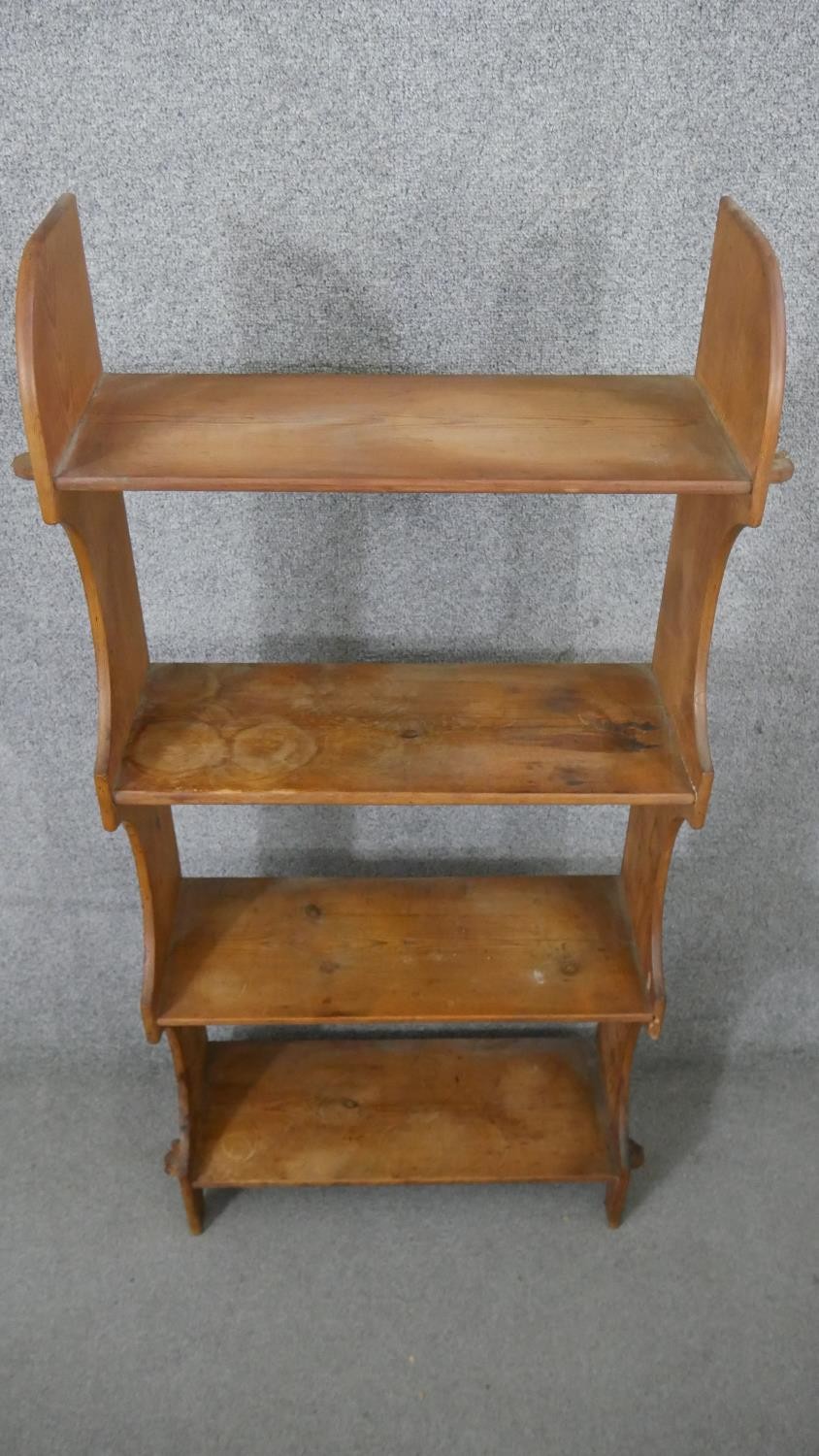 A set of pine open bookshelves, the four shelves joined to the shaped side with pegs. H.121 W.60 D. - Image 2 of 5