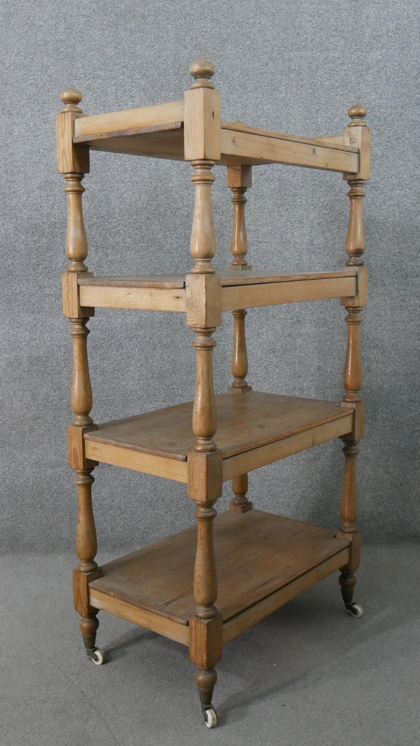 A Victorian pine whatnot, with four shelves joned by baluster turned stems. H.125 W.59 D.38cm - Image 5 of 6