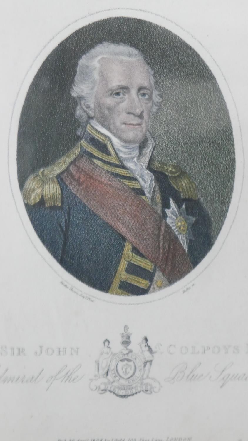 Four framed and glazed 19th century hand coloured engraved portraits of naval officers, each with - Image 6 of 7