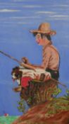 Lederman (late 20th century), boy fishing with his dog, oil on canvas, signed lower right. H.69 W.
