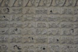 A framed and glazed pen and pink on fabric of an Oriental comic strip. H.44.5 W.65cm
