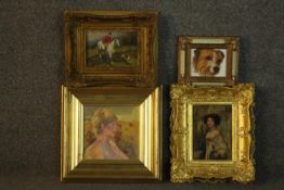 Four gilt framed oil on boards, various subjects including a hunting scene signed C. Harrison and