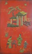 A Chinese red lacquered panel, decorated with three figures before a building, with birds to the