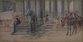 A framed and glazed 19th century watercolour of a market scene with horses, signed N. Walsh. Label