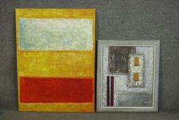 After Rothko, a framed abstract oil on board, signed R. Stokes with a similar unframed oil on board,