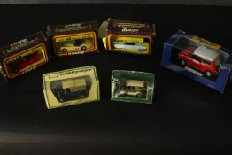 Six vintage boxed die cast cars, including a boxed Corgi 1953 Jaguar XK120, a Matchbox Harrods
