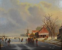 20th century Dutch school, ice skating scene, oil on canvas. H.55 W.63cm