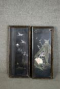 A pair of Chinese black lacquered panels, with applied mother of pearl decoration depicting birds