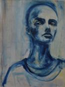 A framed oil on canvas of a bald figure, monogrammed and indistinctly signed verso. H.87 W.72cm