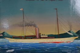 A framed painted carved model of a boat 'Vanessa' in the bay of Naples, 1909. Hand written