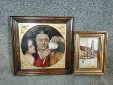 Roger Piaskowski, oil on board of townscape with figures, signed Piaskowski, titled verso along with