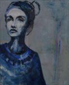 A framed oil on canvas of a female, monogrammed lower right and dated and signed verso. H.82 W.72cm