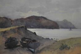 Carleton Grant (1858 - 1930), watercolour, two rowing boats on the sand, label verso and signed