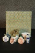 A collection of Chinese snuff bottles, tea bowl and a carved soapstone chop. Some of the snuff