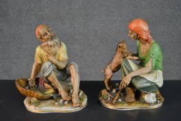 A pair of Italian Capodimonte porcelain figures, depicting a man seated with a basket of fish and