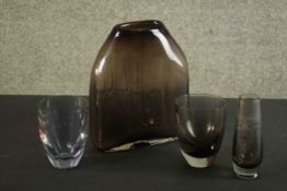 A Whitefriars glass shoulder vase in cinnamon, designed by Geoffrey Baxter along with three