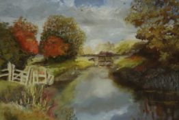 Late 20th century school, rural canal scene, oil on board. H.53 W.62cm.