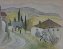 Inga Palmgren, watercolour, continental landscape, signed. H.45 W.52cm