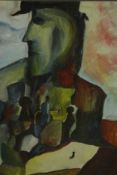 A framed and glazed surrealist figural oil on board, unsigned. H.67 W.55cm.