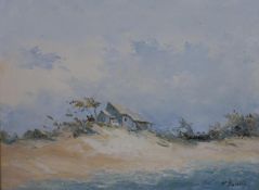 A framed oil on board of a beach landscape with beach hut, indistinctly signed. H.39 W.49cm