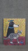 Wolf Howard, acrylic on canvas, 'Dog, cat, bird', monogrammed WH, signed and dated verso. H.61 W.
