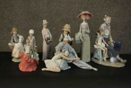 A collection of eight hand painted porcelain figures. Makers include Nao and Lladro. H.38 W.10 D.