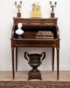 AN EARLY 20TH CENTURY FRENCH MAHOGANY AND VERNIS MARTIN CYLINDER BUREAU
