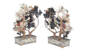 A PAIR OF 1960'S CHINESE ENAMEL AND HARDSTONE MOUNTED BONSAI TREES