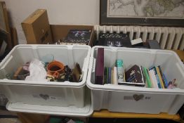 THREE TRAYS OF CERAMICS AND GLASSWARE TO INCLUDE A MASONS CLOCK TOGETHER WITH A BOX OF BOOKS