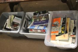 THREE BOXES OF GUIDE BOOKS, FOREIGN TRAVEL, THEATRE PROGRAMMES ETC (TRAYS NOT INCLUDED)