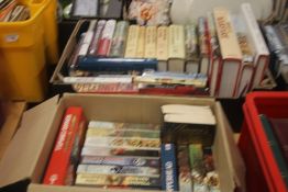 A TRAY OF BOOKS ON THE BATTLE OF WATERLOO TOGETHER WITH A BOX OF BERNARD CORNWAL SHARPE BOOKS (TRAYS